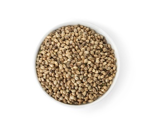 Photo of Bowl of hemp seeds on white background, top view