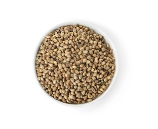 Bowl of hemp seeds on white background, top view