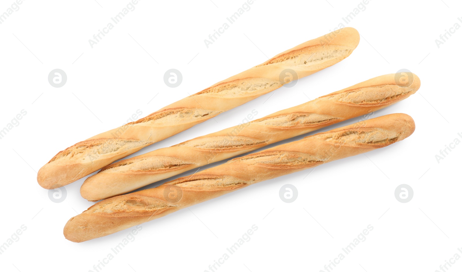 Photo of Tasty baguettes on white background, top view. Fresh bread