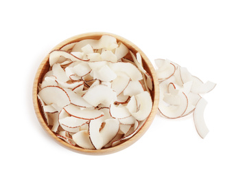 Tasty coconut chips in wooden bowl isolated on white, top view