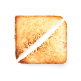 Toasted bread on white background, top view