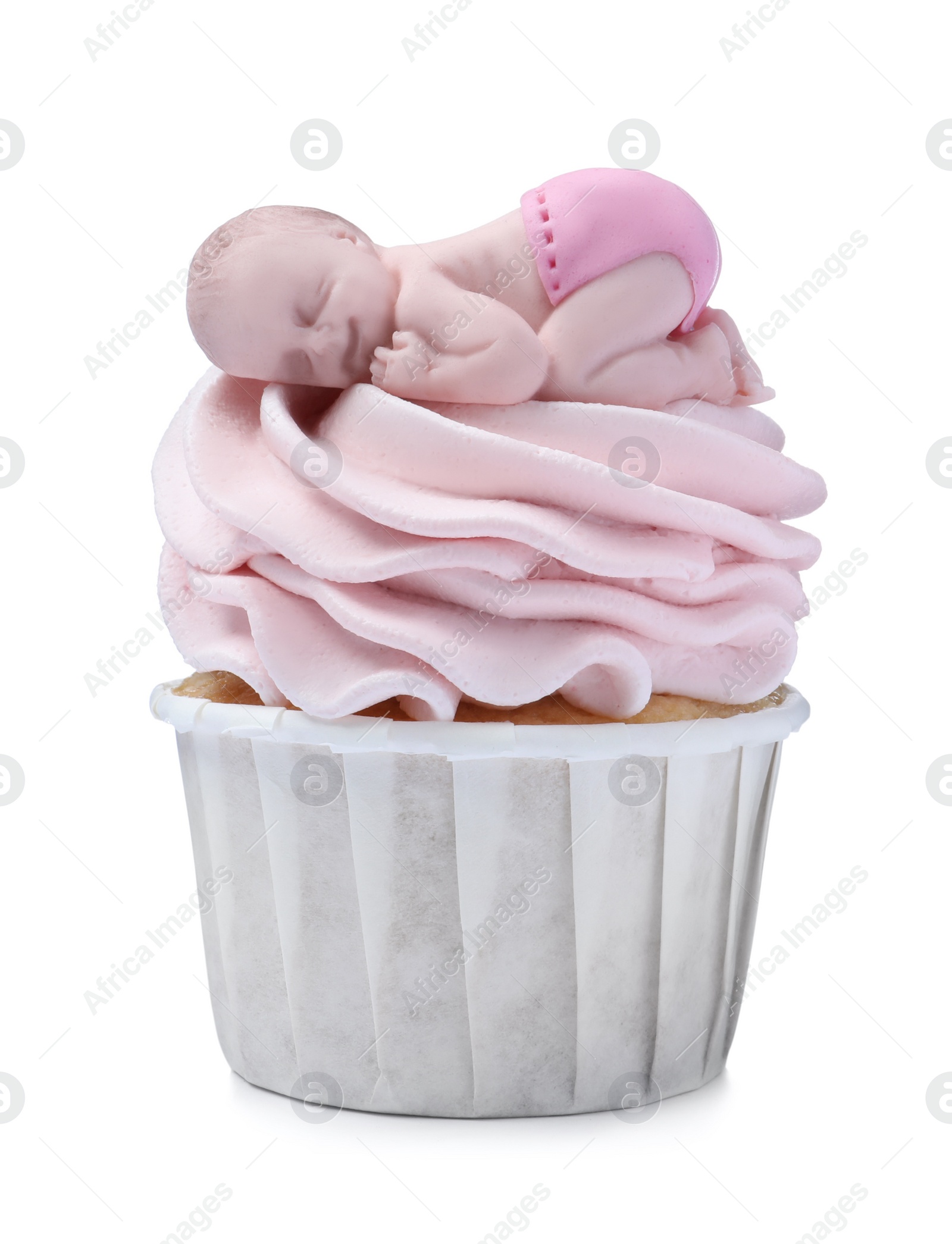 Photo of Beautifully decorated baby shower cupcake for girl with pink cream and topper on white background