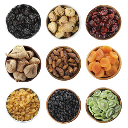 Image of Set of different dry fruits on white background, top view