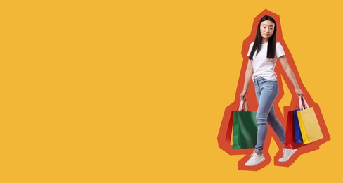 Image of Woman with shopping bags on orange background, space for text. Banner design