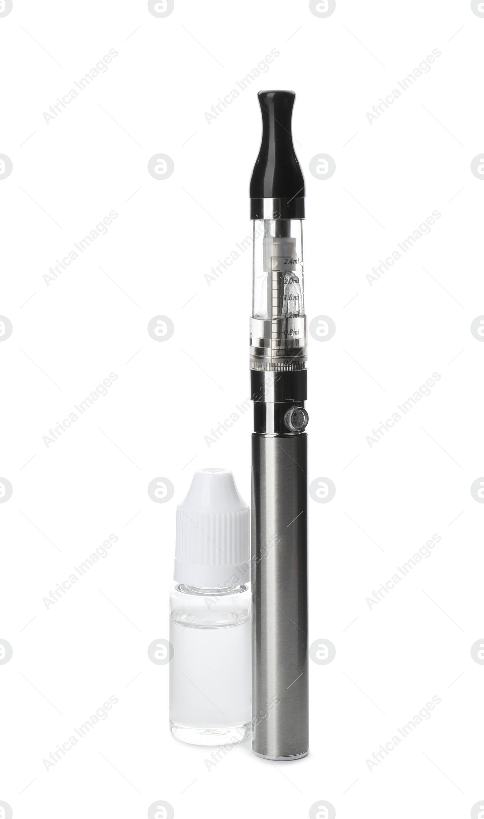 Photo of Electronic smoking device and vaping liquid on white background