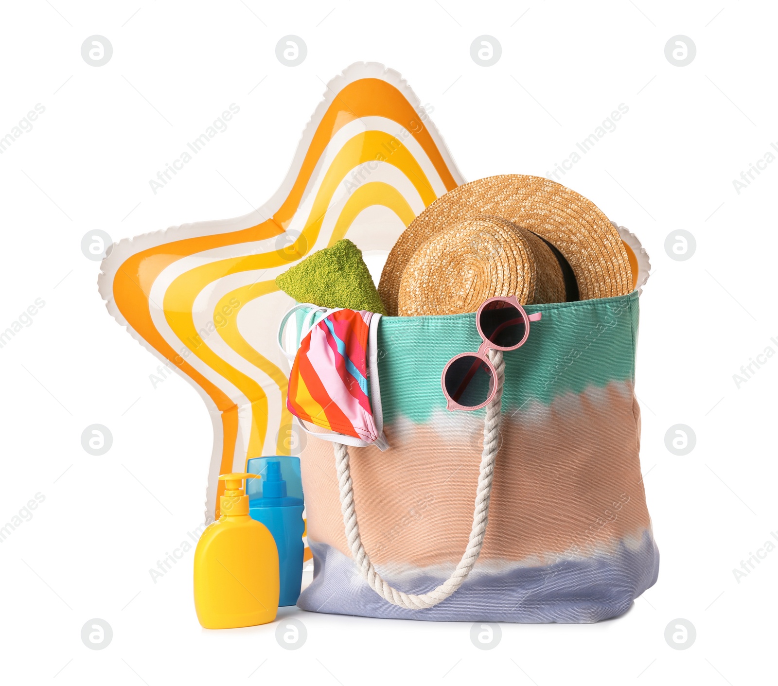 Photo of Set of different beach accessories isolated on white