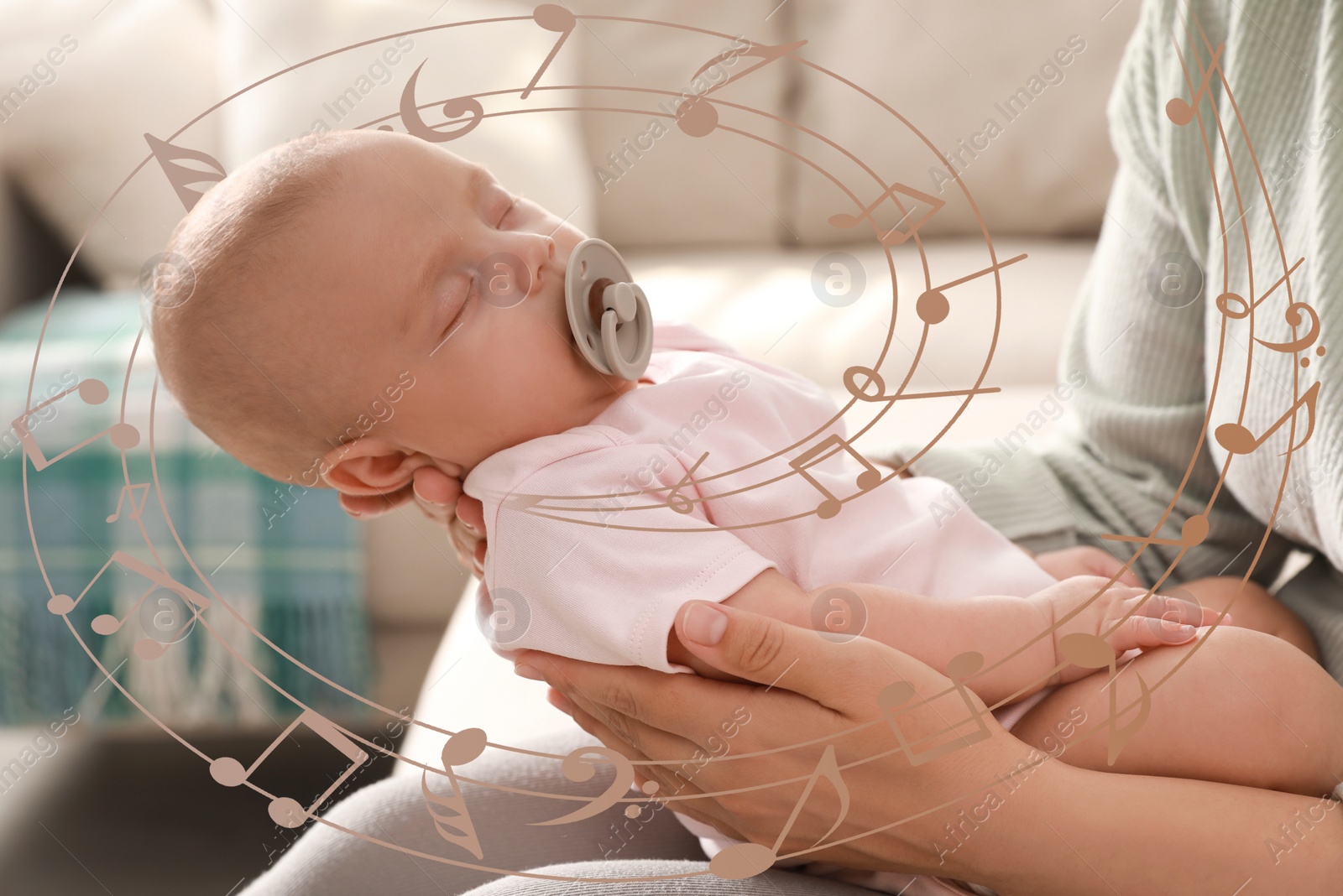 Image of Mother singing lullaby to her sleepy baby at home, closeup. Music notes illustrations flying around woman and child