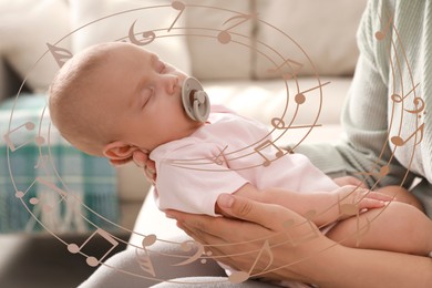 Image of Mother singing lullaby to her sleepy baby at home, closeup. Music notes illustrations flying around woman and child