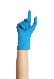 Woman in blue latex gloves holding something on white background, closeup of hand