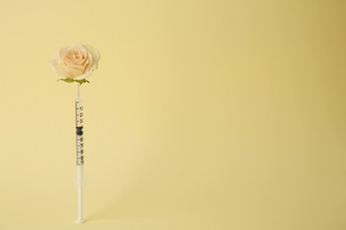 Photo of Medical syringe and rose flower on pale yellow background. Space for text