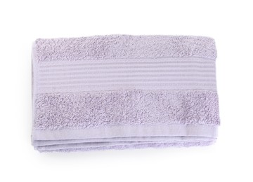 Photo of Folded violet terry towel isolated on white, top view