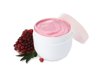 Photo of Fresh pomegranate and jar of facial mask on white background. Natural organic cosmetics