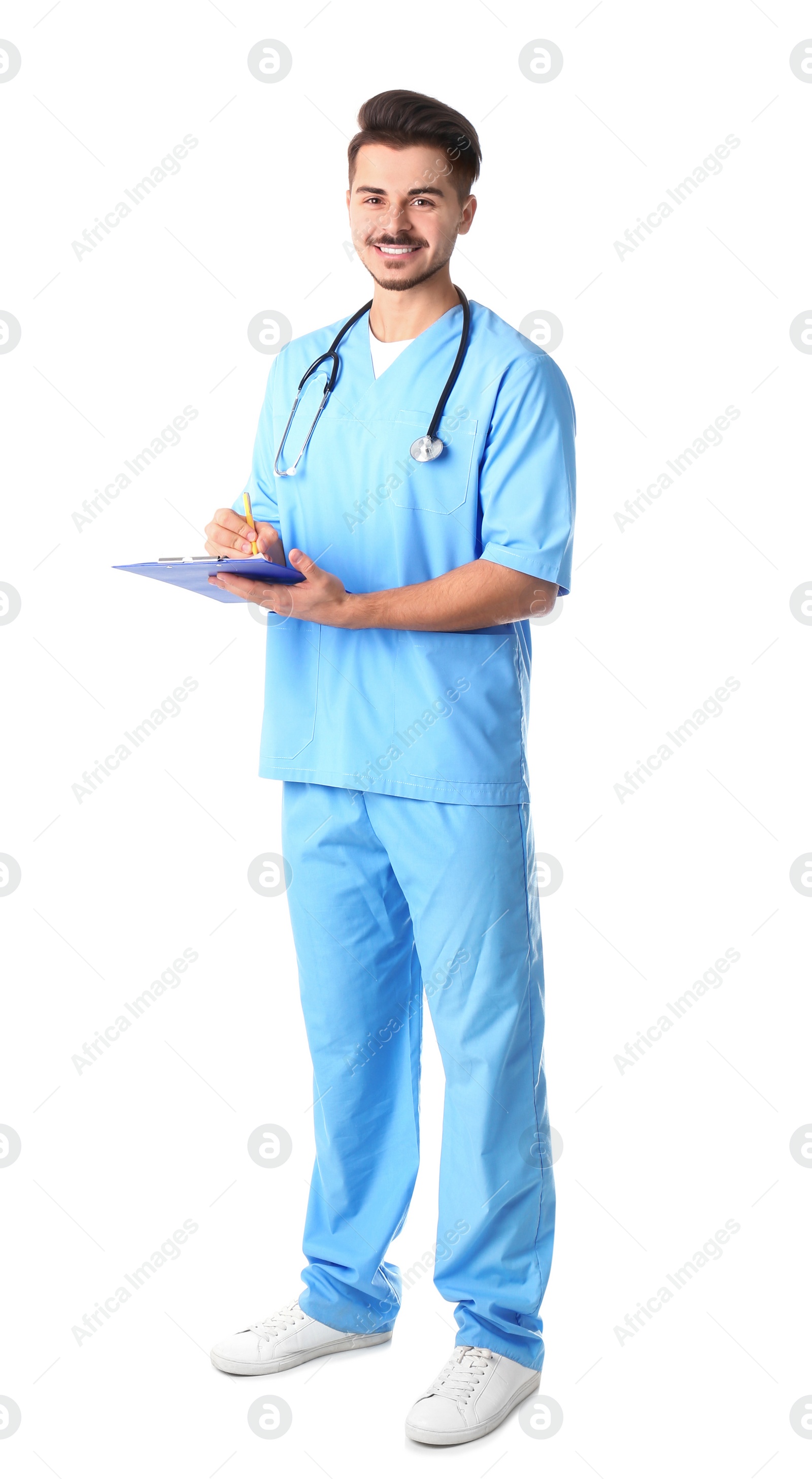 Photo of Young medical student with clipboard on white background