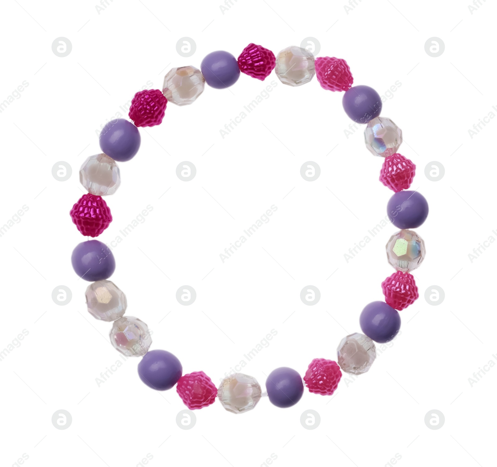 Photo of Beautiful handmade beaded bracelet isolated on white, top view