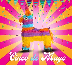 Image of Cinco de Mayo festive poster. Bright funny pinata on color background