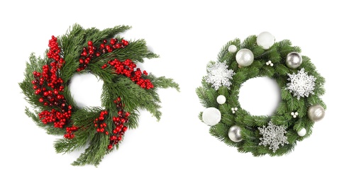 Image of Beautiful Christmas wreaths on white background, banner design