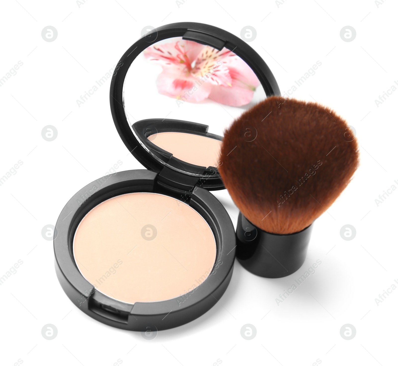 Photo of Face powder with makeup brush on white background