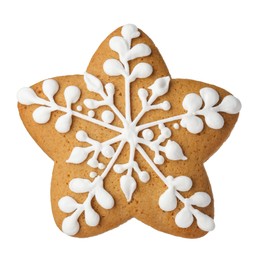 Photo of Tasty star shaped Christmas cookie with icing isolated on white