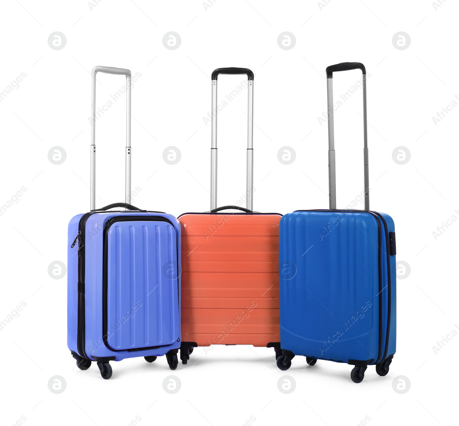 Image of Stylish suitcases packed for travel on white background 