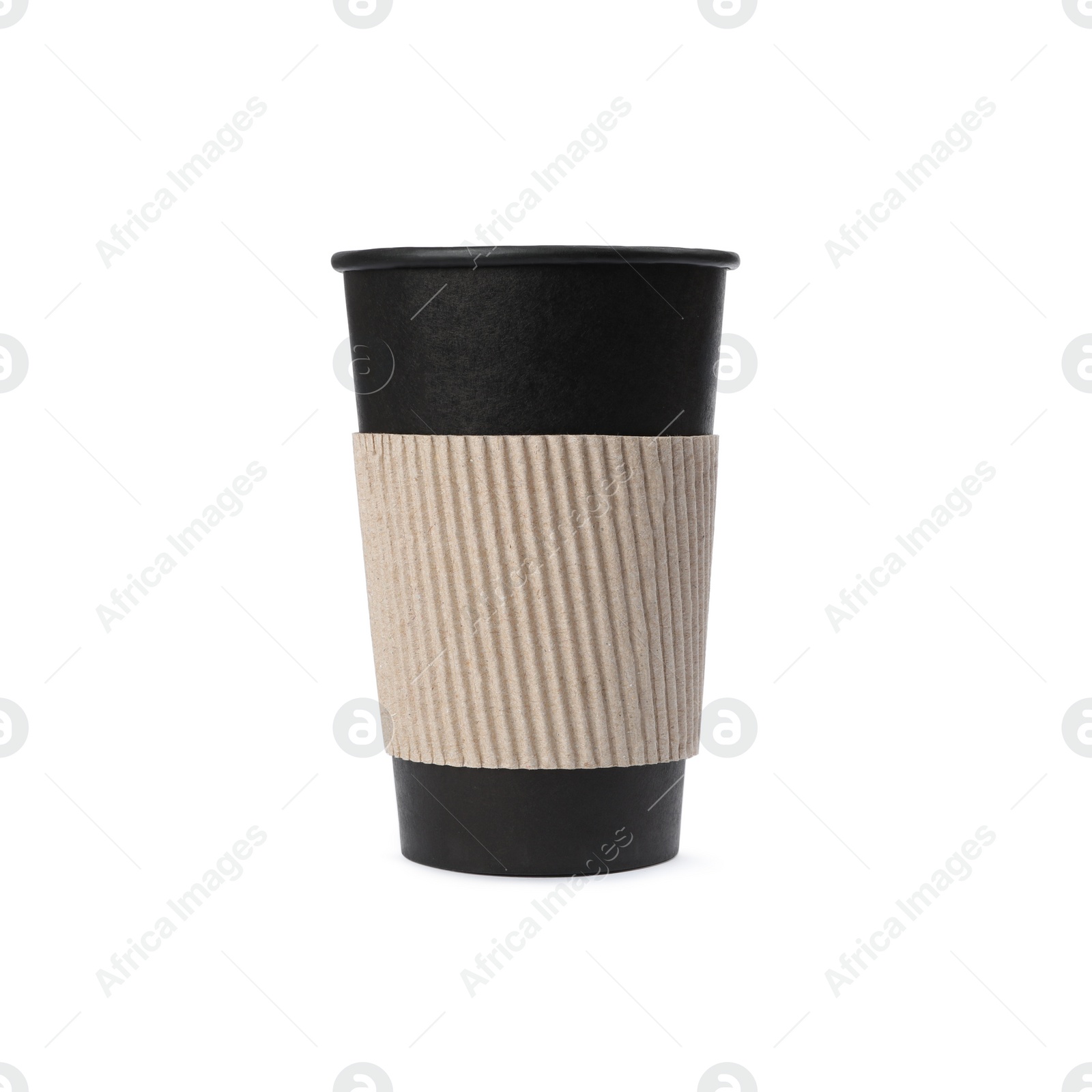 Photo of Takeaway paper coffee cup with cardboard sleeve isolated on white