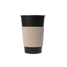 Photo of Takeaway paper coffee cup with cardboard sleeve isolated on white