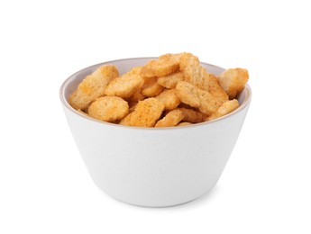 Photo of Delicious crispy rusks in bowl on white background