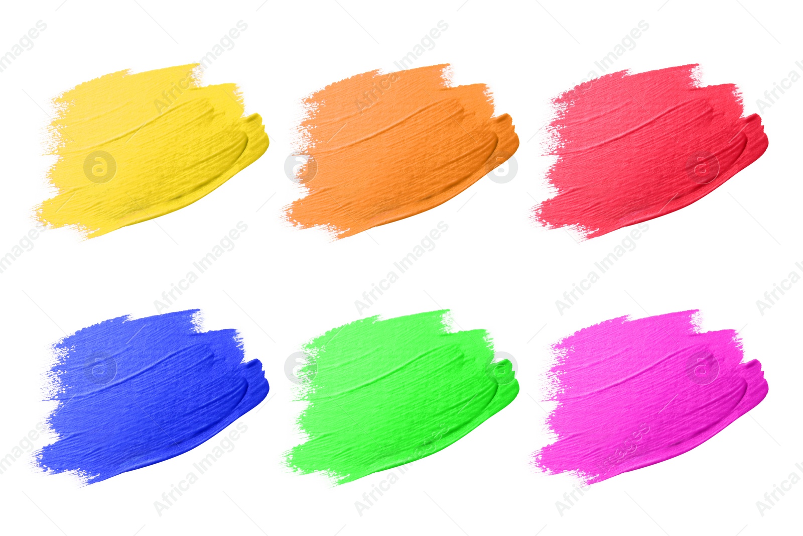 Image of Paint strokes of different colors on white background, top view