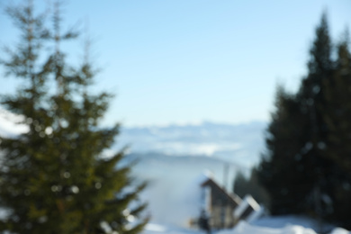 Blurred view of mountain landscape on winter day