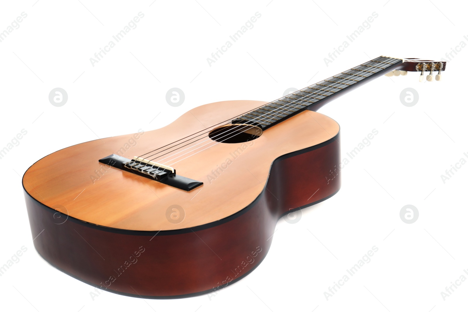 Photo of Acoustic guitar on white background. Musical instrument