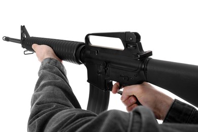 Assault gun. Man aiming rifle on white background, closeup