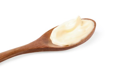 Photo of Mayonnaise in wooden spoon isolated on white, closeup