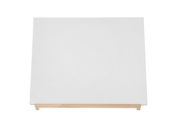 Photo of Wooden easel with blank sheet of paper isolated on white