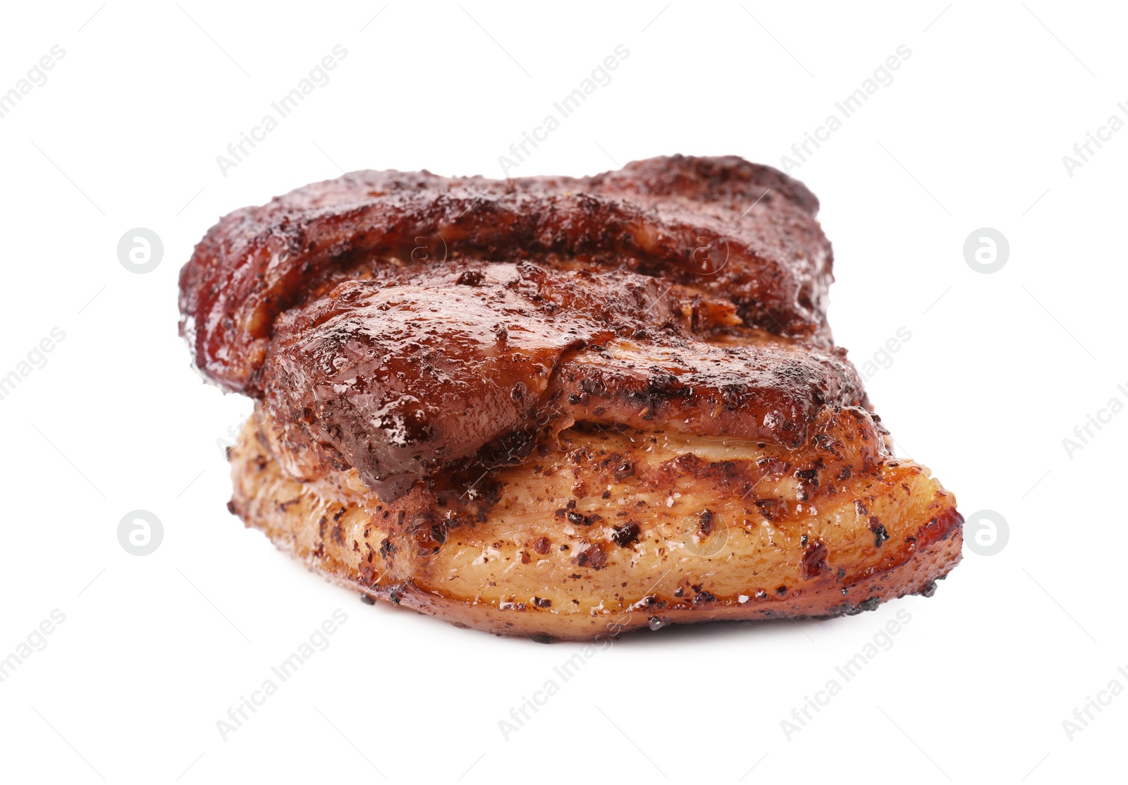 Photo of Piece of tasty baked pork belly isolated on white