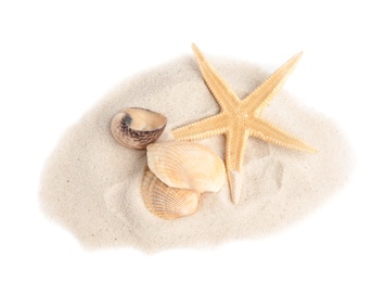 Photo of Pile of beach sand with beautiful starfish and sea shells on white background, above view