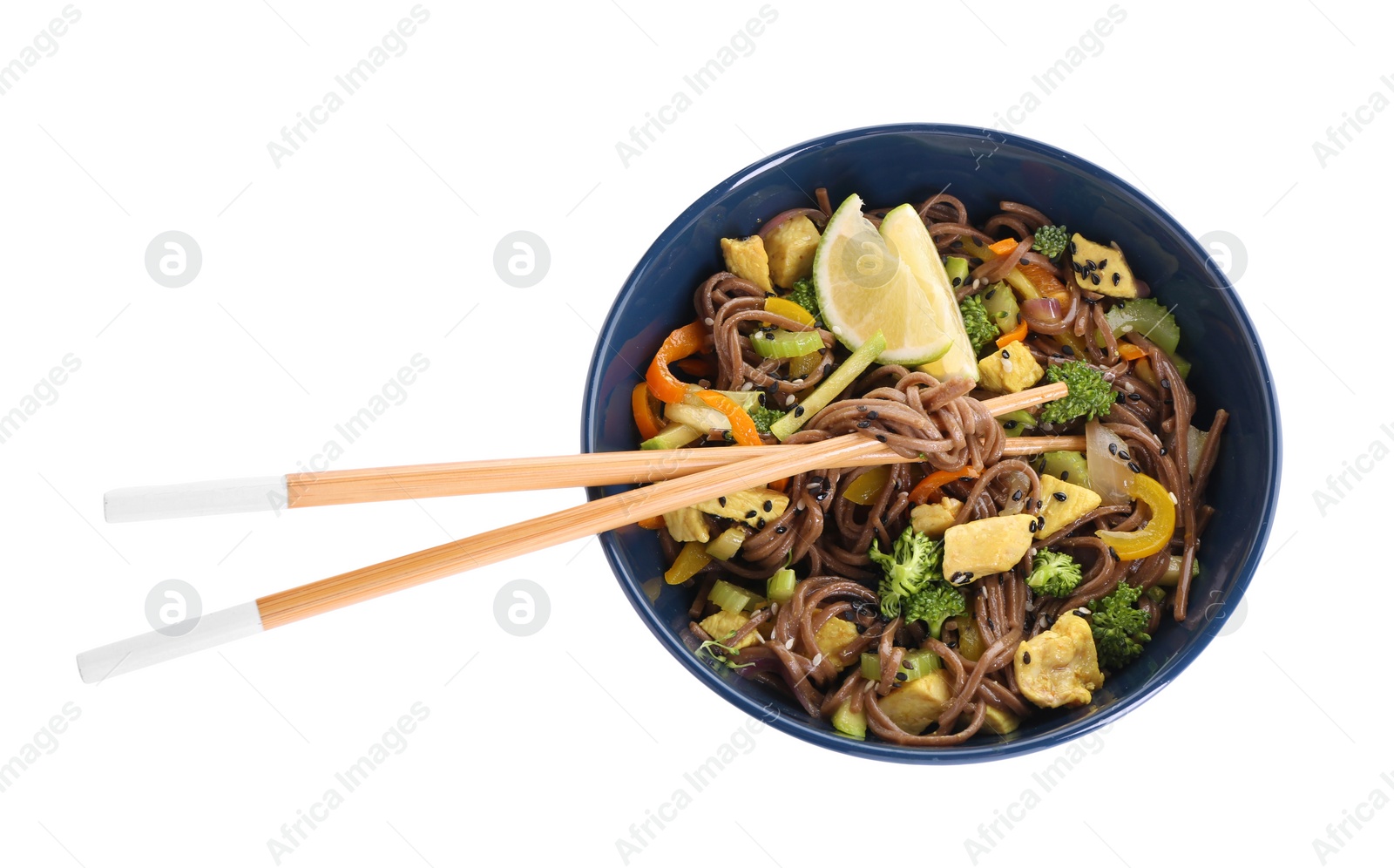 Photo of Stir-fry. Delicious cooked noodles with chicken and vegetables in bowl isolated on white, top view