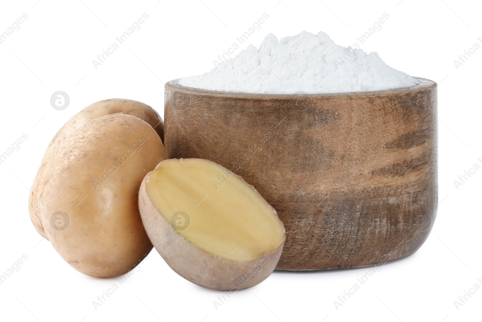 Photo of Wooden bowl of starch and fresh raw potatoes on white background