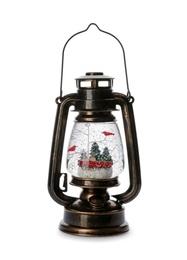 Photo of Beautiful snow globe in vintage lantern isolated on white
