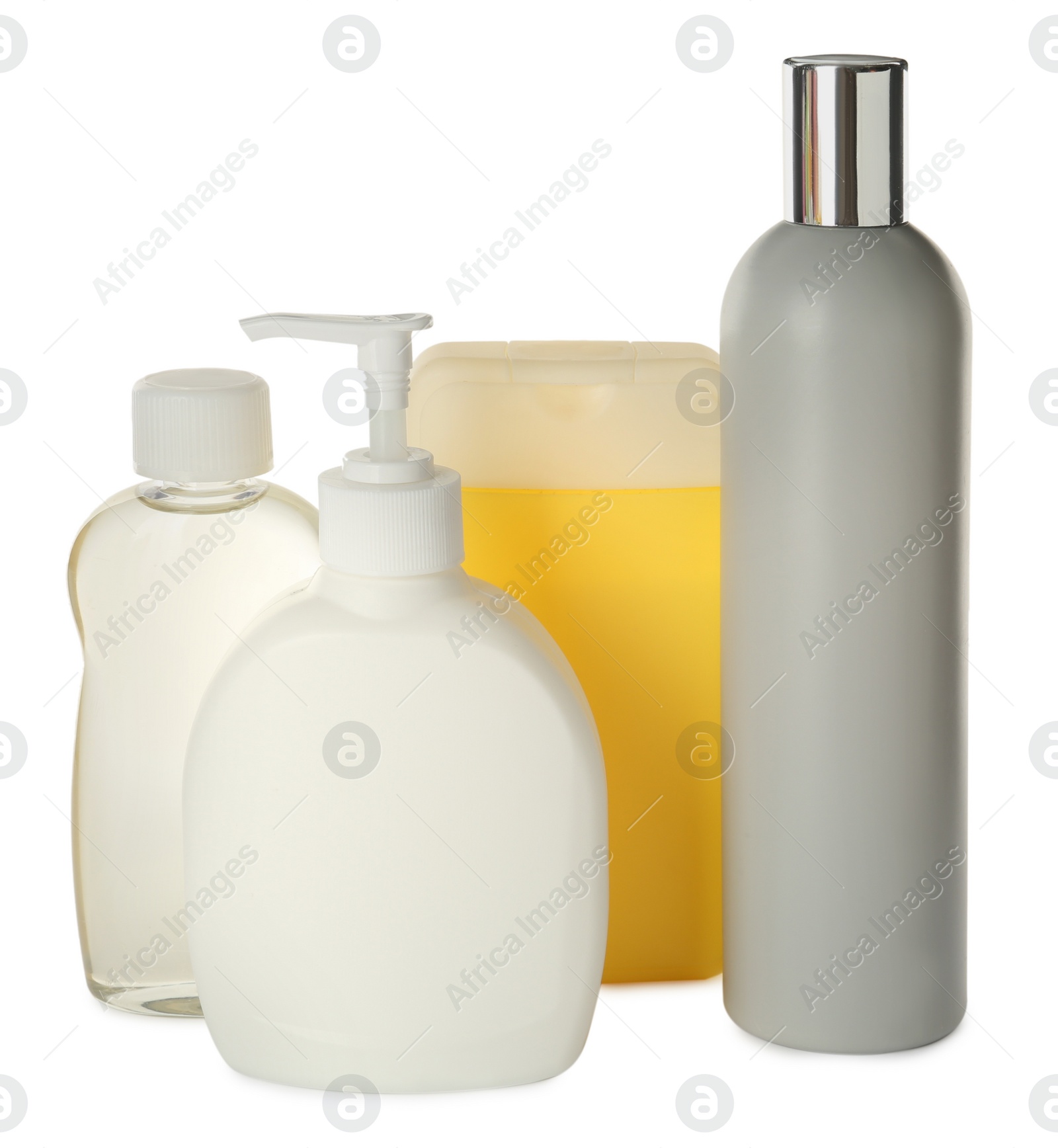 Photo of Bottles of baby cosmetic products on white background