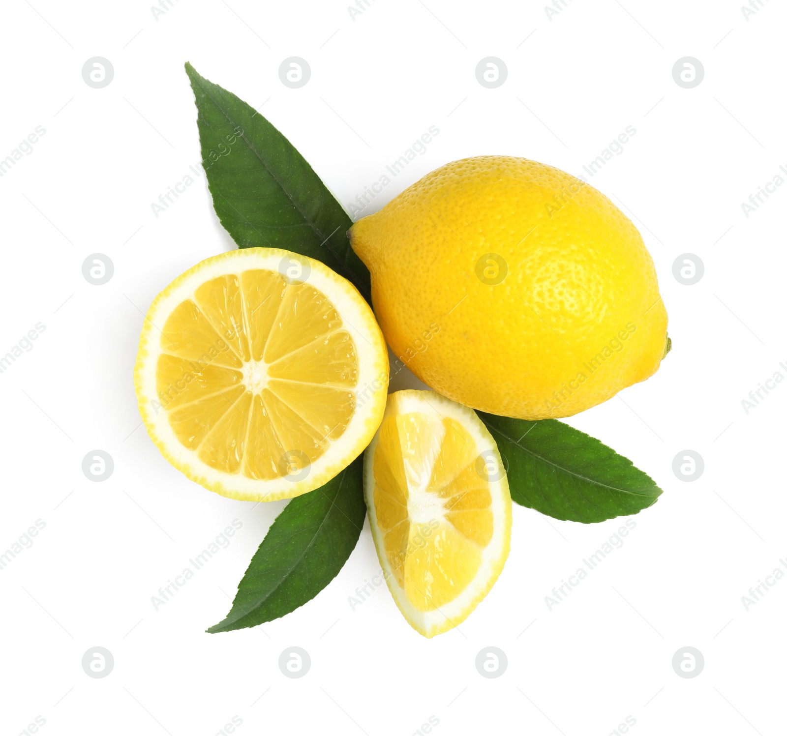 Photo of Fresh ripe lemons with leaves on white background, top view