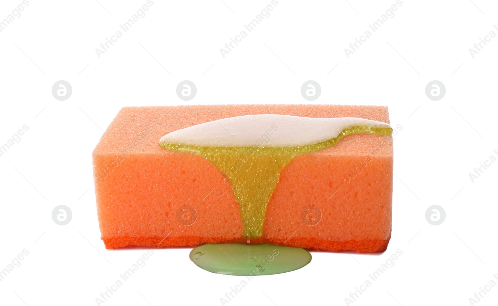 Photo of Sponge with cleaning substance for dish washing on white background