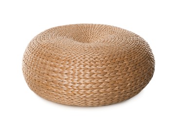 Photo of One stylish wicker pouf isolated on white