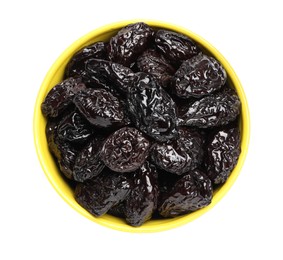 Bowl with sweet dried prunes isolated on white, top view