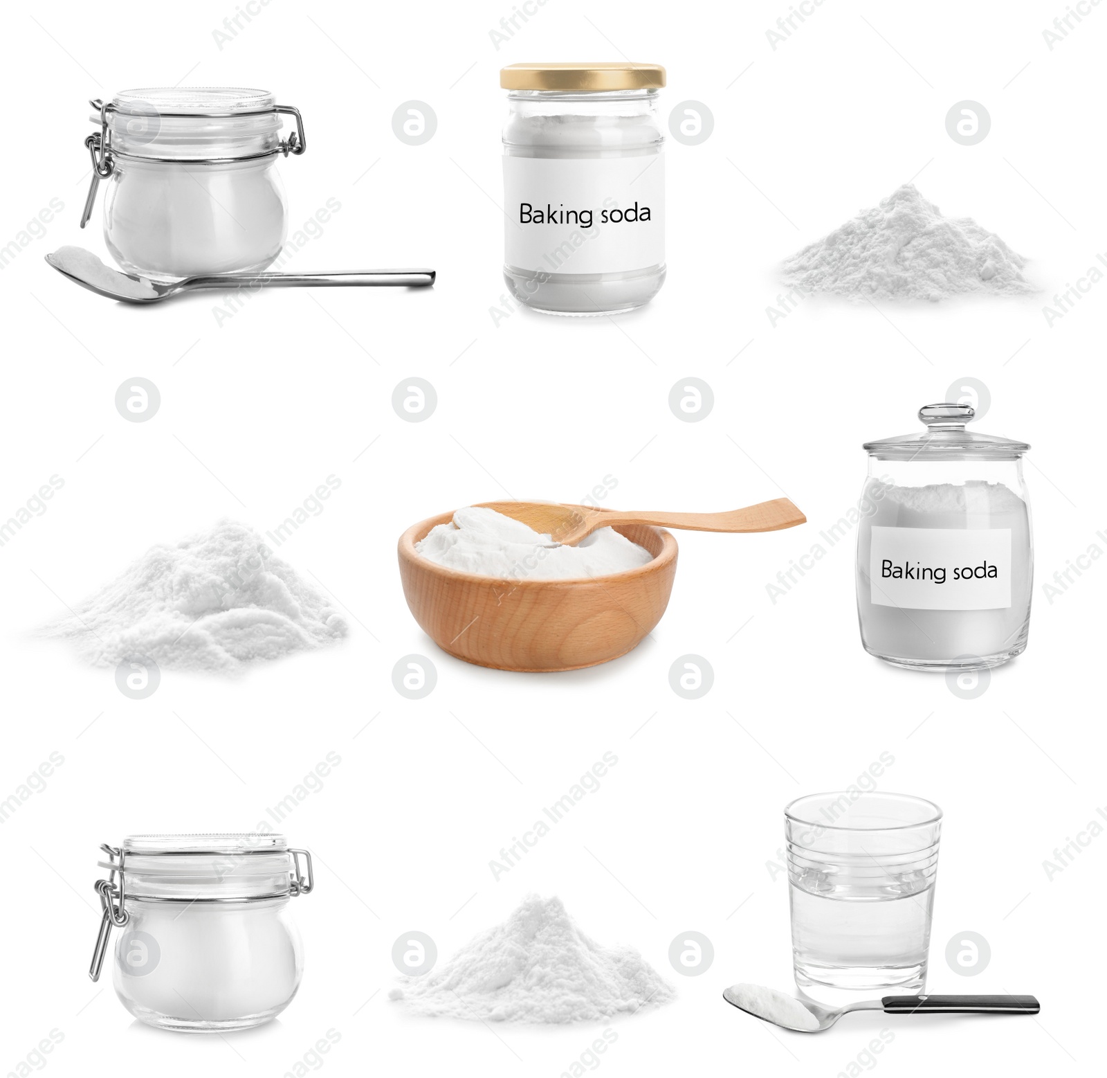 Image of Set with kitchenware and baking soda on white background