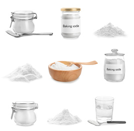 Set with kitchenware and baking soda on white background