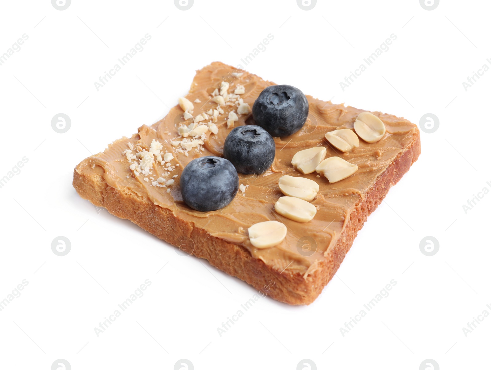 Photo of Toast with tasty nut butter, blueberries and nuts isolated on white