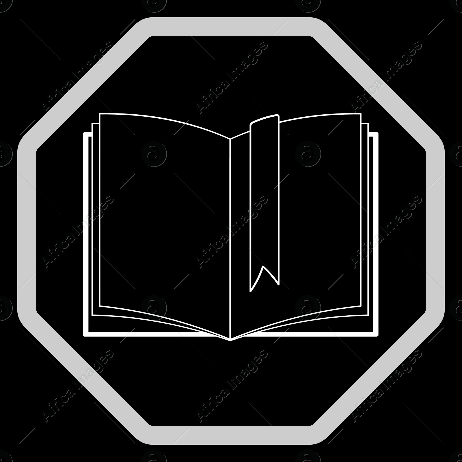 Image of Open book with bookmark in frame, illustration on black background