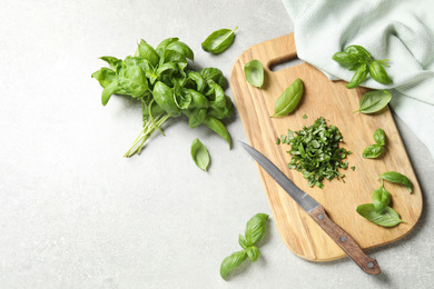 Photo of Fresh green basil on light grey table, flat lay