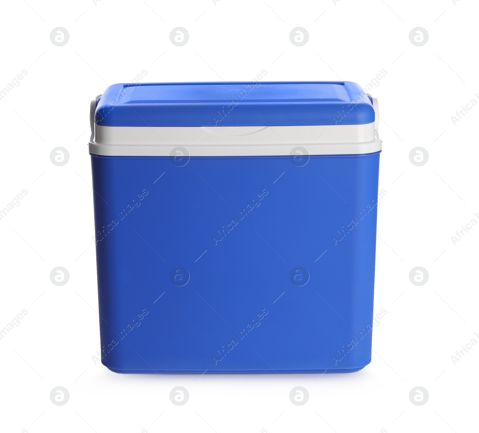 Photo of Closed blue plastic cool box isolated on white