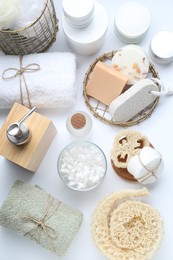 Photo of Bath accessories. Flat lay composition with personal care products on white background