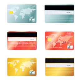 Image of Set of modern credit cards on white background, front and back views
